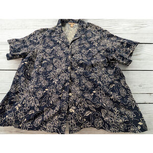 White Stag‎ Plus Size 4X Navy Blue White Floral Button Front Shirt Cotton Rayon